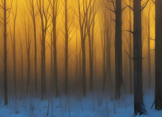 atmospheric abstract paining of a mysterious winter forest with trees shrouded in mist and frozen ground with orange dawn light. generative ai illustration.