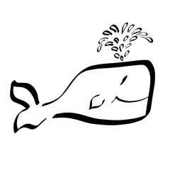 funny cheerful spermwhale with a big smile and a fountain over his head, black outline on a white background