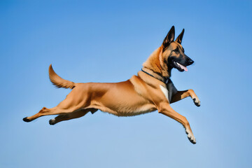 Obraz premium Belgian Shepherd Malinois on the guard of the border performs a jump. Generative AI.