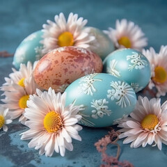 Obraz na płótnie Canvas Easter eggs and springtime flowers over blue background. Spring holidays concept with copy space.