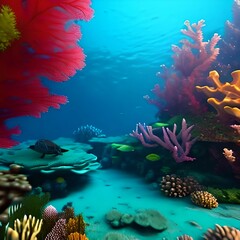 Fototapeta na wymiar Image for 3d water floor. Underwater world. Turtle. corals