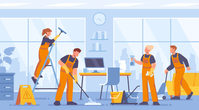 Cleaning workers concept. Men and women in uniform with mop and bucket of cleaning agent in office. Characters dusting, mopping floor and tidying up room. Cartoon flat vector illustration
