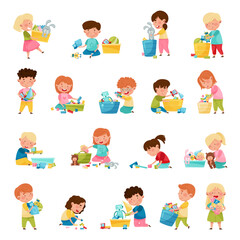 Cute Children Playing With Different Toys Having Fun On Their Own Enjoying Childhood Big Vector Set