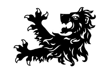 Heraldic lion head and paws with claws. Symbol, sign, line, icon, silhouette, tattoo. Isolated vector illustration.