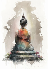 Woman meditating in sitting pose illustration from behind with lotus flower esoteric yogi practice watercolor digital art generative ai