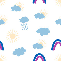 Rainbow, cloud, sun seamless pattern for newborns. Cute and delicate design for the youngest children
