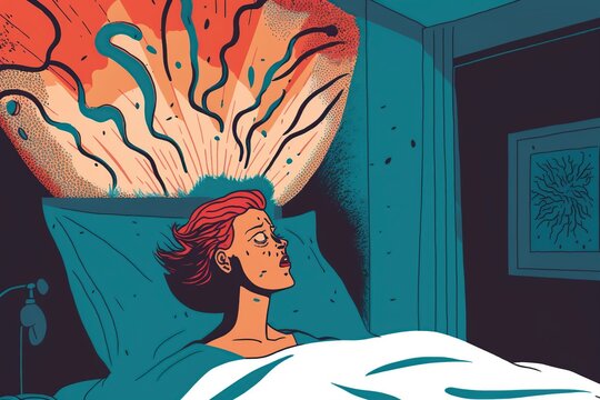 illustration cartoon. person in bed during an anxiety attack, generative ai