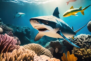 Sharks and a flock of tropical fish in a coral reef. Life in the coral reef underwater. Wildlife concept of ecological environment. Generative AI