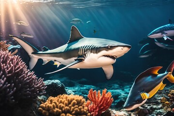 Sharks and a flock of tropical fish in a coral reef. Life in the coral reef underwater. Wildlife concept of ecological environment. Generative AI