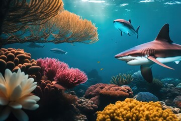 Fototapeta na wymiar Sharks and a flock of tropical fish in a coral reef. Life in the coral reef underwater. Wildlife concept of ecological environment. Generative AI