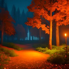 Night magical fantasy forest. Forest landscape, orange brown tree, magical lights in the forest