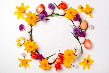 Naklejka na ściany i meble Easter eggs, colorful flowers on white background. Spring, easter concept. Top view, copy space circle.