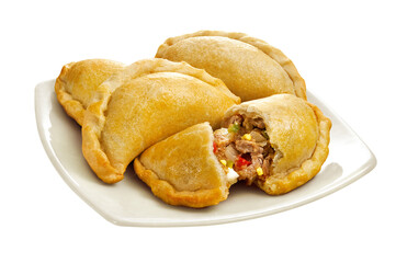 Deliciosas empanadas argentinas recheada de carne e ovo em fundo transparente - Saltenhas de carne