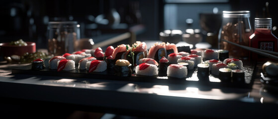 A sushi platter, captured in close-up with moody studio lighting, showcases black, white, and red details, Created with generative Ai Technology.
