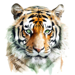 Obraz premium an isolated Bengal tiger portrait, face, stalking prey, fierce jungle-themed watercolor illustration on a transparent background in PNG. Generative AI