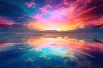 Naklejka na ściany i meble a painting of a colorful sunset over a body of water with mountains in the distance and clouds in the sky above the water and below. generative ai