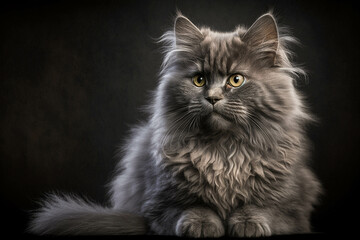 Fototapeta na wymiar Magnificent Nebelung Breed Cat on Dark Background - Elegant, Graceful and Intelligent