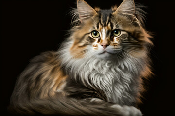 Fototapeta na wymiar Majestic Norwegian Forest Cat on a Dark Background - A Stunning Example of the Breed's Beauty