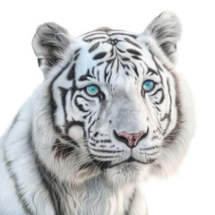 Naklejka premium an isolated white tiger FACE, FRONT-view portrait, jungle-themed photorealistic illustration on a transparent background cutout in PNG, GENERATIVE AI