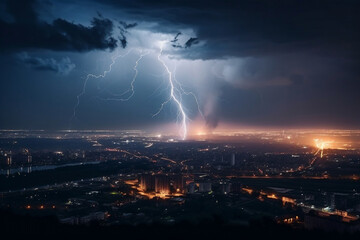 Lightning over the night city. AI Generated