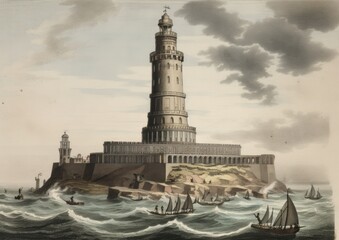 The lighthouse of Alexandria, one of the seven wonders of the ancient world. Generative AI.