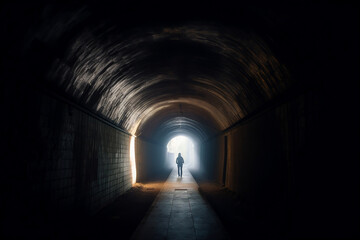 Fototapeta na wymiar The man at the end of the tunnel and the light. AI Generated