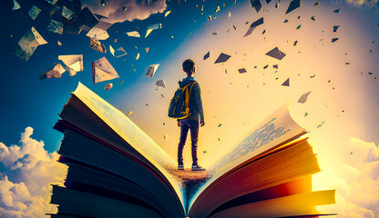 Person standing on top of an open book. Generative AI. - Powered by Adobe