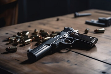 Gun and bullets on the table. AI Generated