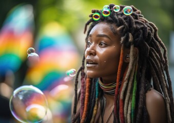 Portrait of a black woman among colorful bubbles. Generative AI.