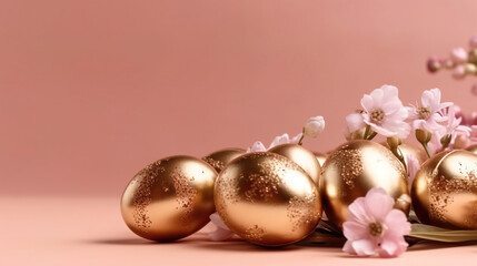 golden Easter eggs and spring flowers on a peach background. Spring break concept with copy space. Top view