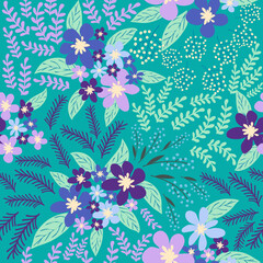Fototapeta na wymiar Fantasy seamless floral pattern with blue, azure, tsman, lavender flowers and leaves. Elegant template for fashion