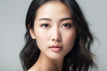 Fototapeta premium Beautiful young Asian woman with clean fresh skin isolated on white background, Face care, Facial treatment, Cosmetology, beauty and spa, Asian women portrait generative ai