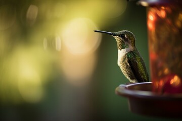 Fototapeta na wymiar A hummingbird at a feeder, bokeh Generative AI
