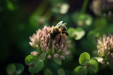 A bee on a clover flower, bokeh Generative AI