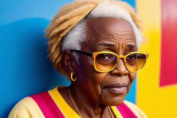 Portrait of an elderly african woman on yellow background, summer brightness. Generative AI.