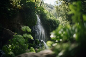 A waterfall surrounded by greenery, bokeh Generative AI
