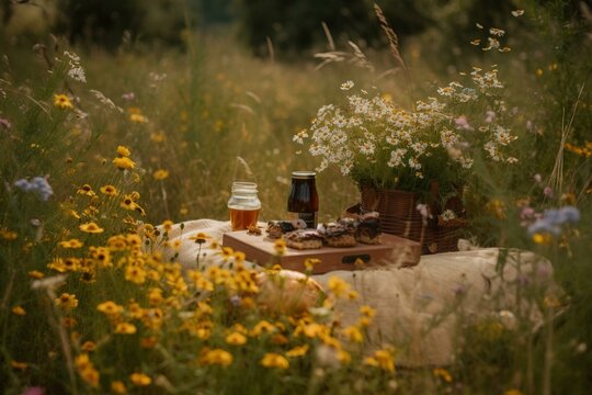 A picnic in a field of wildflowers Generative AI
