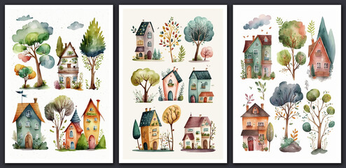 Cute cartoon houses and trees set. Watercolor illustration.