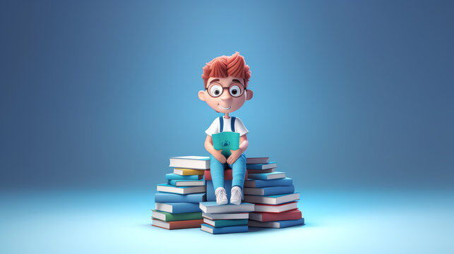 NI&Ntilde;O SENTADO SOBRE UNA PILA DE LIBROS. FONDO CIAN.  IA GENERATIVA. HORIZONTAL. COLOR