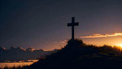 silhouette of cross on top over sunrise by AI