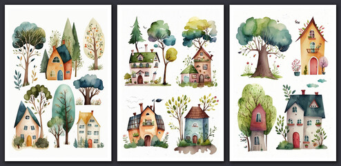 Fototapeta na wymiar Cute cartoon houses and trees set. Watercolor illustration.
