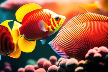  Close-up view of tropical fish in a coral reef. Life in the coral reef underwater. Wildlife concept of ecological environment. Generative AI