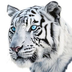 Naklejka premium an isolated white tiger FACE, FRONT-view portrait, jungle-themed photorealistic illustration on a transparent background cutout in PNG, GENERATIVE AI