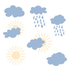 Cute Sun and Rainy Cloud, light clouds. Card for kids or poster for the childrens room. Cartoon