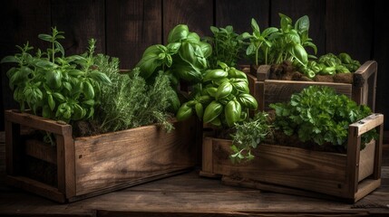 Vegetable plants inside wooden boxes on a wooden table Generative AI