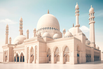 Obraz premium Beautiful muslim Islamic mosque in clear day, traditional, cultural and religious, photo wallpaper, ramadan concept, generative ai