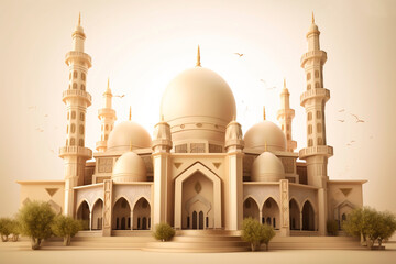 Fototapeta na wymiar Beautiful muslim Islamic mosque in clear day, traditional, cultural and religious, photo wallpaper, ramadan concept, generative ai