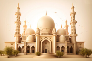 Fototapeta premium Beautiful muslim Islamic mosque in clear day, traditional, cultural and religious, photo wallpaper, ramadan concept, generative ai