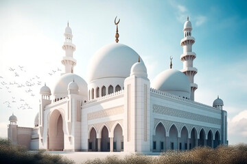 Beautiful muslim Islamic mosque in clear day, traditional, cultural and religious, photo wallpaper, ramadan concept, generative ai