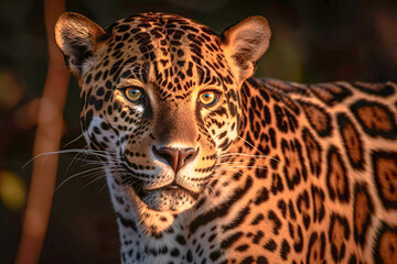 A jaguar in a jungle under the light of the setting sun, AI Generated